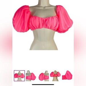 LPA | NEW Caspian Puff Sleeve Barbiecore Crop Top in Neon Pink Size XL